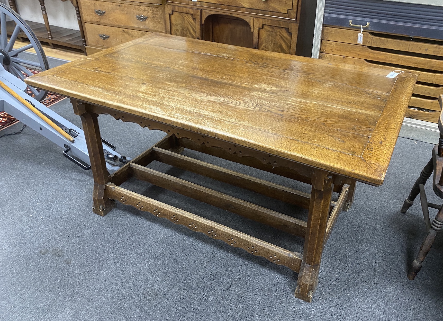 A late Victorian aesthetic movement rectangular oak serving table, length 152cm, depth 91cm, height 76cm